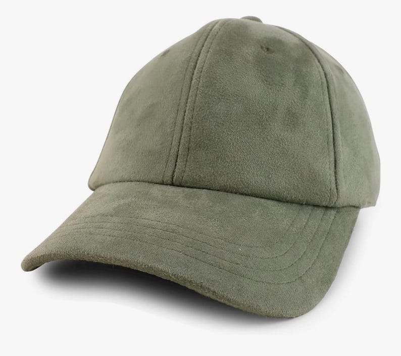 May include: A green suede baseball cap with a curved brim.