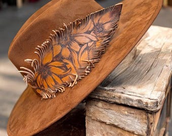 Oversized Handburned Leather Feather Hat Band, Leather Feathers, Hat Bands for Cowgirl Hat