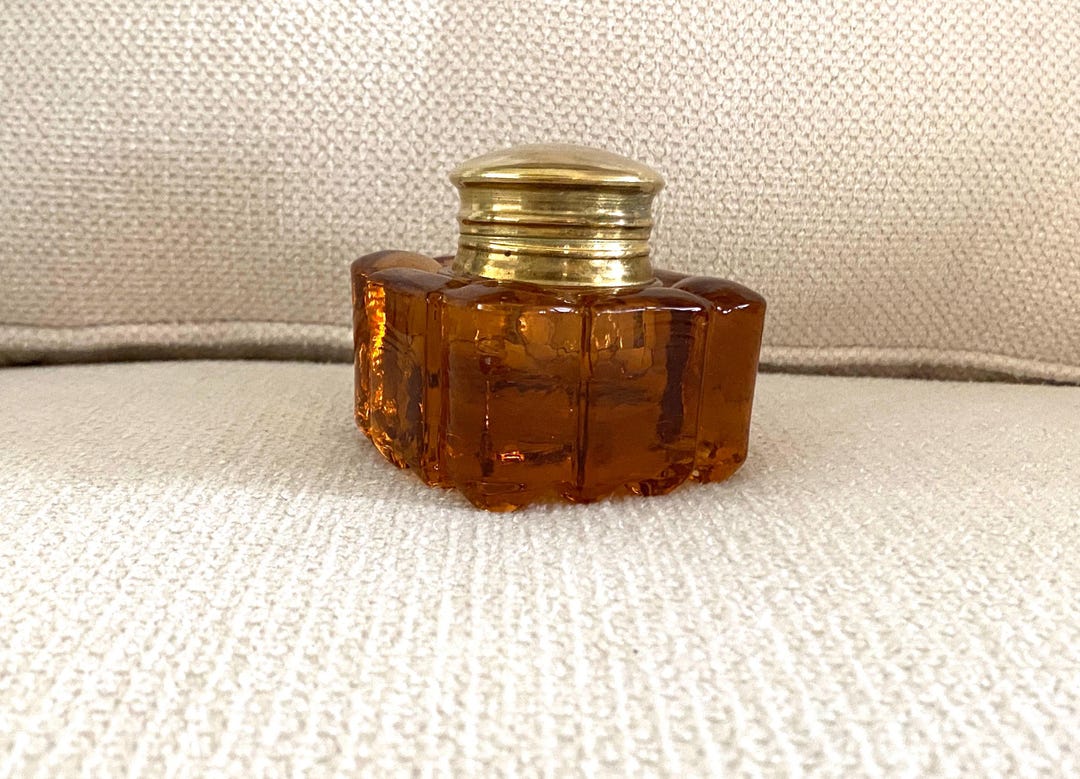 Vintage Amber Heavy Glass Inkwell With Brass Top - Etsy