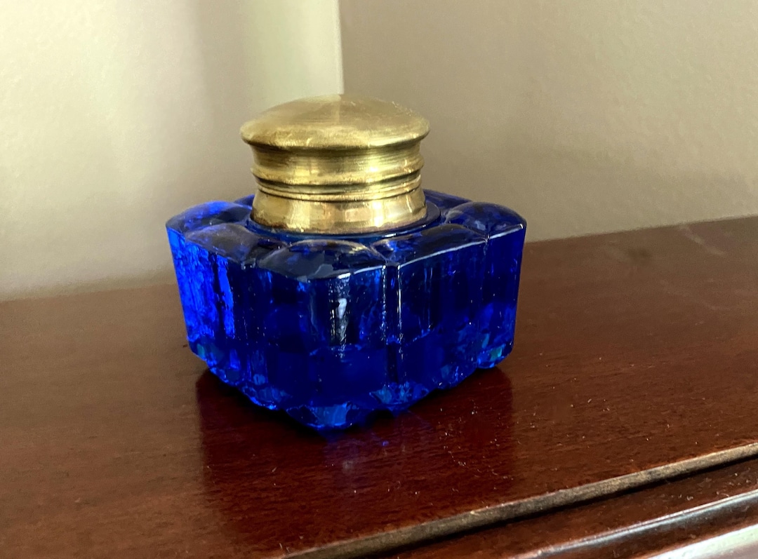 Vintage Cobalt Blue Heavy Glass Inkwell With Brass Top - Etsy