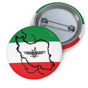 Pin del patrimonio de Irán: mapa de la bandera de Irán y símbolo de Faravahar