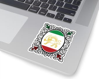 Pegatina Shir-o-Khorshid: Diseño tradicional persa de león y sol.