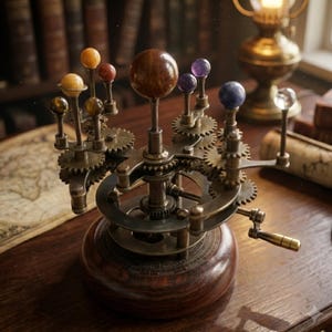 May include: A mechanical orrery model featuring a central brown sphere representing the sun, surrounded by smaller spheres of various colors and sizes on brass gear arms. The device is mounted on a circular wooden base with a hand crank mechanism.