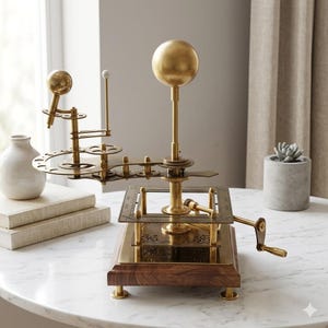 May include: A brass and wood orrery model of the solar system. The model features a large golden sphere representing the sun, smaller spheres for planets, and intricate gears. The base is made of dark wood with brass accents.