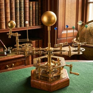 May include: A brass orrery model of the solar system, featuring a large golden sphere representing the sun, with smaller spheres and gears representing planets. The model sits on a wooden base and has a hand crank. The background includes a bookshelf and a green surface.