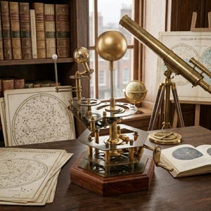 May include: A detailed brass orrery model with a large golden sphere at the center, set on a wooden base. The model is surrounded by antique maps, a telescope, and a globe, suggesting a theme of astronomy and scientific study.