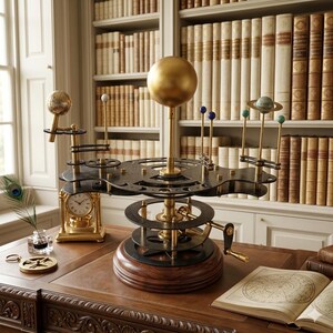 May include: A detailed brass and metal orrery model of the solar system, featuring a large golden sun and planets. The model sits on a wooden base with gears and a hand crank. A golden clock and open book are also on the desk.