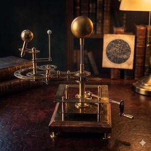 May include: A brass orrery model with a wooden base. The model features a large golden sphere, smaller globes, gears, and a hand crank. The background includes books and a vintage star chart.
