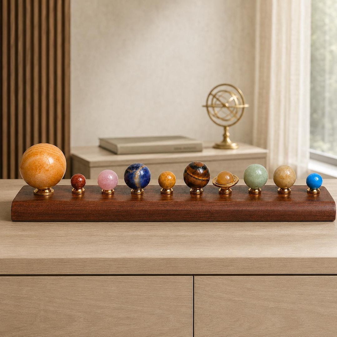 Luxury Flat Planet Stand | Wooden & Gemstone Solar System Gift - Etsy