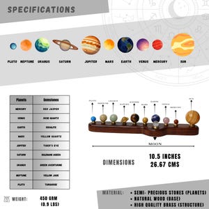 K&ouml;nnte beinhalten: Ein h&ouml;lzernes Planetenmodell mit Halbedelsteinplaneten. Die Planeten sind in einer Reihe angeordnet, mit der Sonne am Ende. Die Basis ist aus Naturholz und die Struktur aus hochwertigem Messing. Abmessungen: 26,67 cm.