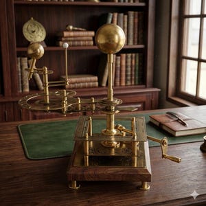 May include: A brass orrery model with a large sphere at the top, gears, and a hand crank. The model sits on a wooden base with brass feet. The background includes a library with bookshelves and a desk.