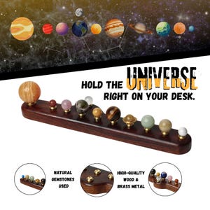 Precious Stones Planet Display |Sun, Earth and its Moon and 9 Planet Set with Semi-Precious Stones | Rosewood Solar System Sculpture Bild 5