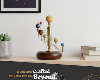 Vertical Solar System Model | Rotating Brass & Gemstone Planet Decor