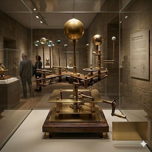 May include: A detailed brass orrery model of the solar system, featuring a large central sphere and smaller spheres representing planets. The model includes gears, levers, and a wooden base, displayed in a museum setting.