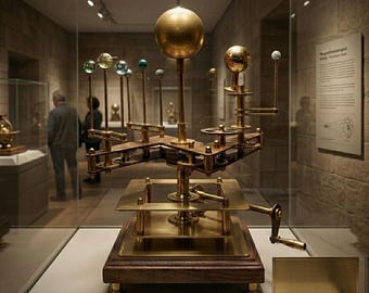Puede incluir: Un detallado modelo de orrería de latón del sistema solar, con una gran esfera central y esferas más pequeñas que representan los planetas. El modelo incluye engranajes, palancas y una base de madera, expuesto en un museo.