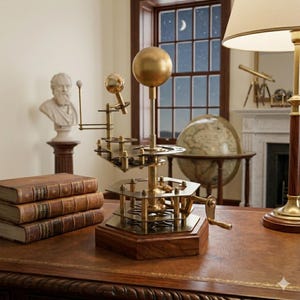 May include: A brass orrery model of the solar system with a large golden sphere representing the sun. The model sits on a wooden base and features gears and moving parts. A stack of leather-bound books is in the foreground.