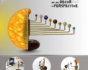 Vertical Planet Model | Brass & Gemstone Rotating Solar System Gift