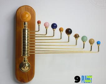 Wall Mount Solar System, with Semi-Precious Stones | Wooden Platform with Brass & Gemstone Planets