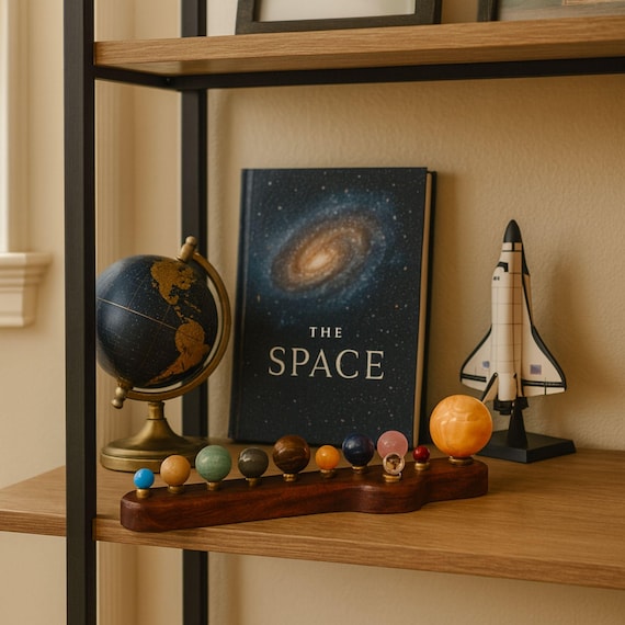 Precious Stones Planet Display |Sun, Earth and its Moon and 9 Planet Set with Semi-Precious Stones | Rosewood Solar System Sculpture