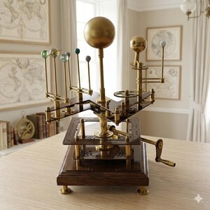 May include: A detailed brass and wood orrery model of the solar system. The model features a large central sphere, smaller planet spheres, gears, and a hand crank. The base is dark wood, and the planets are various colors.