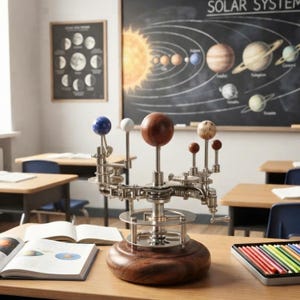 May include: A mechanical orrery model of the solar system featuring a central wooden sun, various metallic planetary spheres, and a gear-driven structure mounted on a circular wooden base, positioned on a desk with open books and colored pencils.