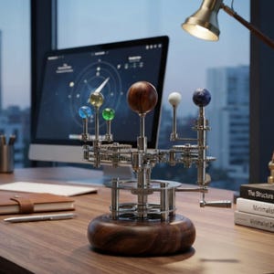May include: A mechanical orrery model featuring a large central wooden sphere surrounded by smaller colored spheres representing planets, mounted on a circular wooden base with silver metal gears, arms, and a hand crank mechanism.
