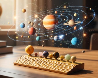 Gemstone Solar System | Wooden Platform with Sun and 8 Planets