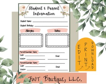 May include: Printable student and parent information form with a cute sheep illustration. The form includes sections for student name, birthday, allergies, notes, parent/guardian name, cell phone number, work phone number, and email address.