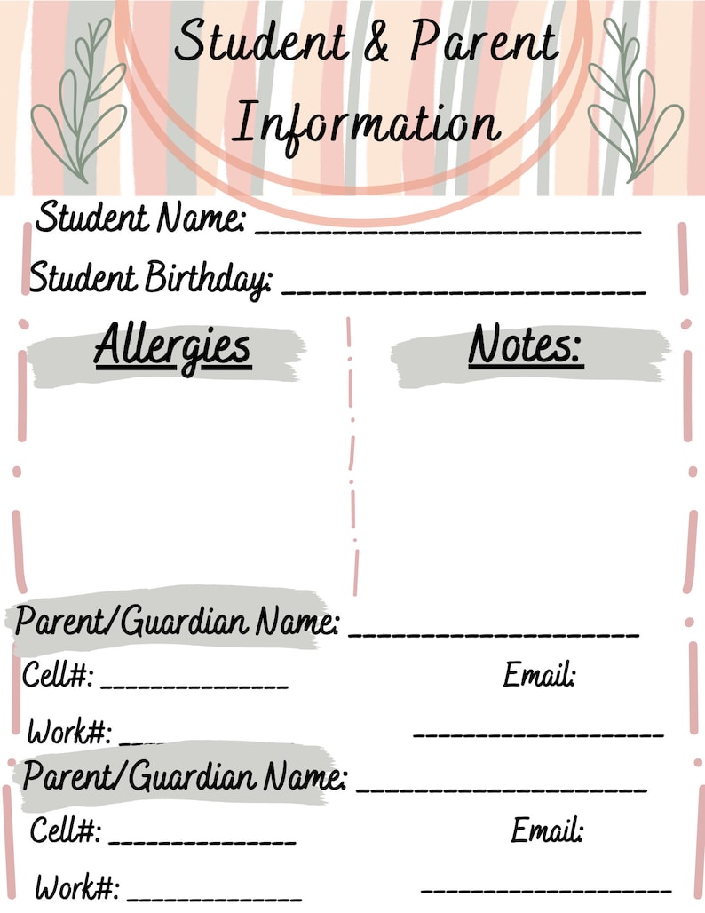 Student Parent Contact Information Form, Information Template, Sign in ...