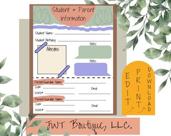 May include: A printable student and parent information sheet with sections for student name, birthday, allergies, notes, and parent/guardian contact information. The sheet has a green, blue, and orange color scheme with a decorative border.