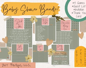 Puede incluir: Un paquete de juegos imprimibles para una baby shower con fondo de lunares verdes. El paquete incluye juegos como "Bromas de papá", "¿Quién soy yo?", "El precio es correcto", "Nunca mamá ha", y una lista de invitados. El paquete también incluye una invitación imprimible con el texto "Por favor, únase a nosotros para celebrar a los futuros padres Robert y Grace".