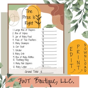 Baby shower game, guessing game baby shower, boho baby shower, the price is right game, modern shower game, hippie baby shower, party games