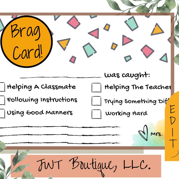 Brag Card, teacher note cards, teacher positive affirmation cards, back to school, teacher feedback card, administrator and counselor notes