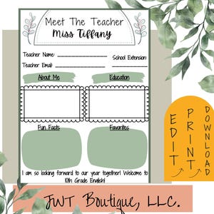 Meet the teacher template editable, back to school template, teacher contact cards, all about the teacher, teacher resources printables