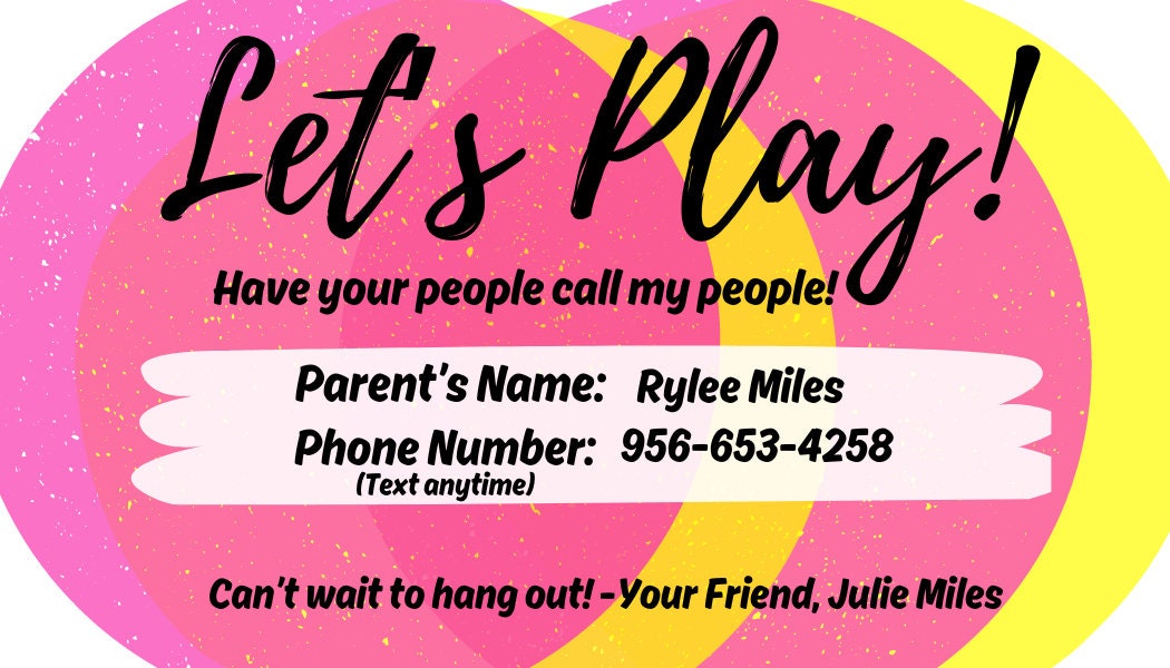 Contact Cards for Kids, Play Date Cards, Playdate Cards, Play Date ...