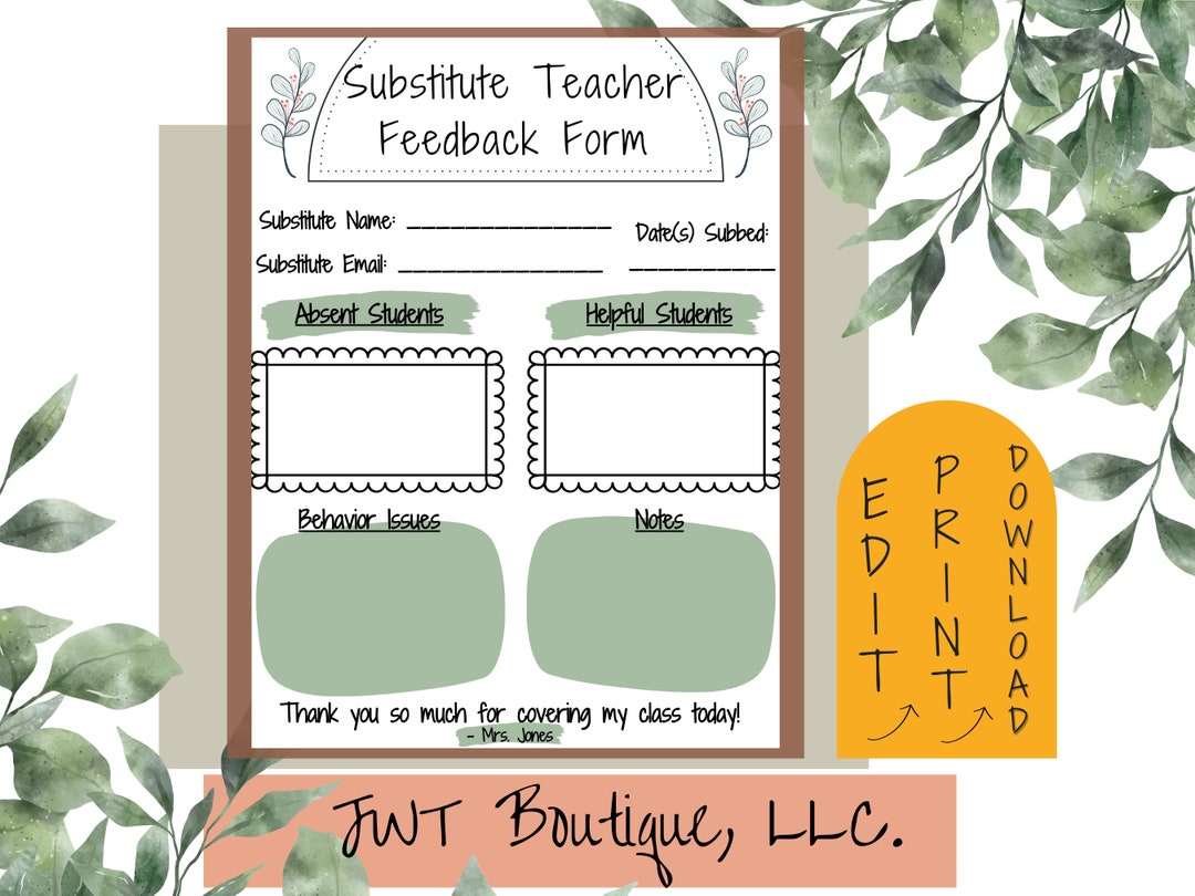 Substitute Teacher Forms Feedback Back to School Printables Substitute Teacher Forms Feedback Back to School Printables