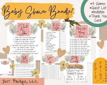 Puede incluir: Un paquete de juegos imprimibles para una fiesta de baby shower con temática tropical. El paquete incluye cuatro juegos: "Bromas de papá", "¿Quién soy yo?", "El precio es correcto" y "Nunca mamá ha". El paquete también incluye una lista de invitados, una invitación y una tarjeta de agradecimiento.