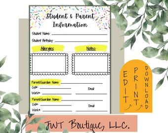 May include: Printable student and parent information form with sections for student name, birthday, allergies, notes, parent/guardian name, cell phone number, work phone number, and email address. The form has a colorful confetti design and the text "Student & Parent Information" at the top.