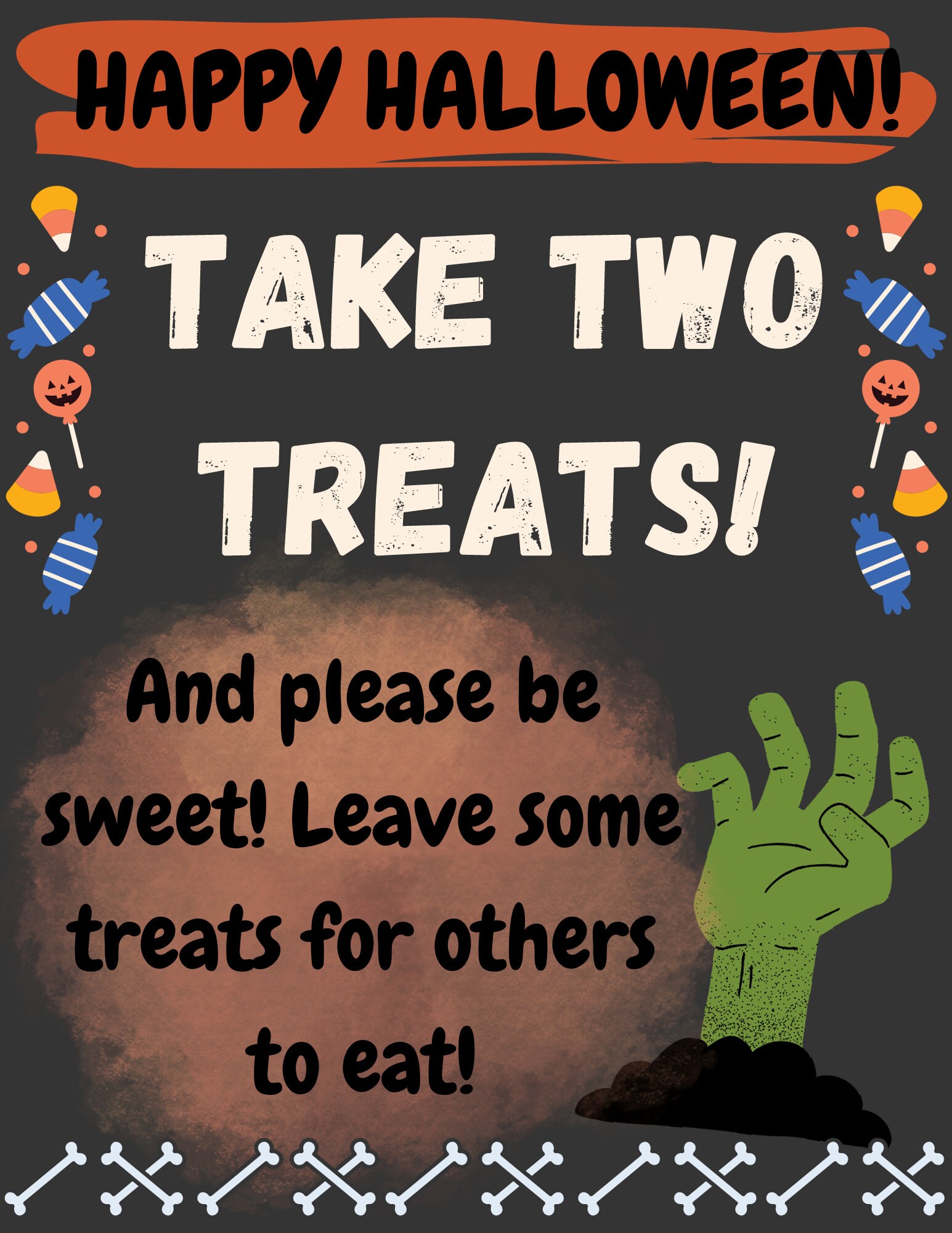 Reversible Halloween Candy Bowl Sign - Double Sided 'Help Yourself' & 'Out Of Candy' Hanging PVC Sign 10x5 Inch