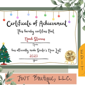 Certificado de lista de buenos deseos, correo oficial del polo norte, cartas de Papá Noel, lista de Papá Noel, plantilla de certificado, certificado de lista de buenos deseos de Papá Noel editable