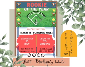May include: A baseball-themed birthday party invitation for a boy named Nash turning one year old. The invitation features a green baseball field with a baseball diamond, a baseball bat, and the text "Rookie of the Year". The invitation also includes the date and time of the party, the address, and the RSVP information.