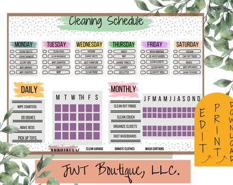 May include: A printable cleaning schedule checklist with a colourful design. The checklist includes daily, weekly, monthly, and annual tasks. The text includes "Cleaning Schedule", "Monday", "Tuesday", "Wednesday", "Thursday", "Friday", "Saturday", "Daily", "Monthly", "Clean Out Fridge", "Clean Couch", "Organise Closets", "Dust Baseboards", "Clean Garage", "Donate Clothes", "Wash Curtains", "JWT Boutique, LLC."