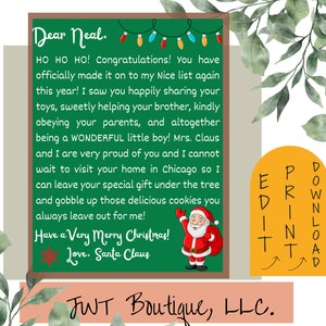 Carta personalizada de Papá Noel, carta de Papá Noel imprimible para niños, carta de Papá Noel, lista de Papá Noel, carta de correo de Papá Noel, bonitas plantillas de lista