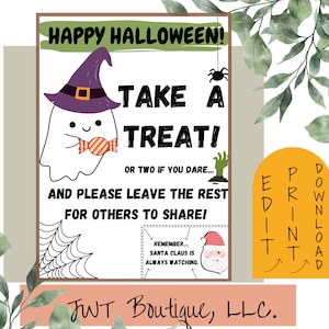 Cute halloween candy bowl sign, trick or treat sign for porch printable trick or treat sign, take one halloween sign, santa is watching sign