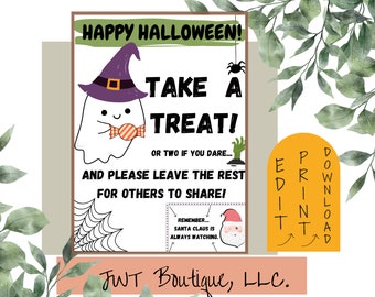 Lindo letrero de tazón de dulces de Halloween, letrero de truco o trato para el letrero de truco o trato imprimible del porche, tome un letrero de Halloween, decoración del hogar de temporada