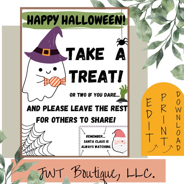 Cute halloween candy bowl sign, trick or treat sign for porch printable trick or treat sign, take one halloween sign, santa is watching sign