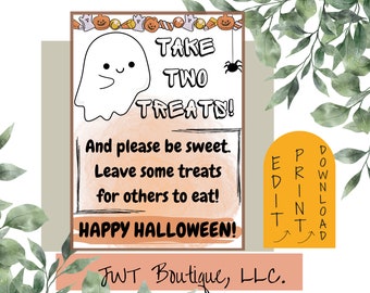 Pode incluir: Um cartaz de Halloween imprimível com uma ilustração fofa de um fantasma. O cartaz diz "Pegue duas guloseimas! E por favor, seja doce. Deixe algumas guloseimas para os outros! Feliz Halloween!" O cartaz está em um fundo pêssego com uma borda preta. Há uma etiqueta amarela com o texto "EDITAR IMPRIMIR BAIXAR" no lado direito do cartaz.