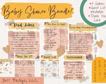 Puede incluir: Un paquete de baby shower con juegos imprimibles, incluyendo "Dad Jokes" y "The Price is Right". El paquete también incluye una lista de invitados, una invitación y una tarjeta de agradecimiento. El diseño presenta acentos florales y una paleta de colores suaves.