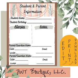 May include: Printable student and parent information form with a pink and gray striped background. The form includes fields for student name, birthday, allergies, notes, parent/guardian name, cell phone number, work phone number, and email address. The text "EDIT", "PRINT", and "DOWNLOAD" is visible on a yellow sticker.