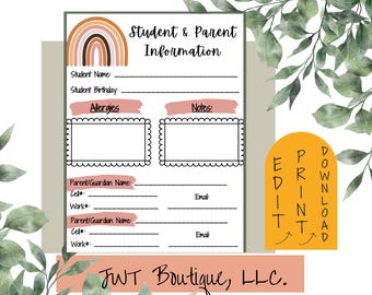 May include: Printable student and parent information form with a rainbow design. The form includes sections for student name, birthday, allergies, notes, parent/guardian name, cell phone number, work phone number, and email address.